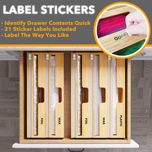 Load image into Gallery viewer, SpaceAid WrapNeat 3 in 1 Wrap Organizer with Cutter and Labels, Plastic Wrap, Aluminum Foil and Wax Bamboo Dispenser for Kitchen Storage Organization Holder for 12&quot; Roll (Natural)