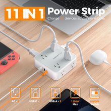 Load image into Gallery viewer, Surge Protector Flat Extension Cord Flat Plug Power Strip, 8 AC Outlets, 3 USB Charger(1 USB C Port) 3-Sided Outlet Extender, 5 Ft, 900 Joules Protection, Office Supplies, Dorm Room Essentials, Grey