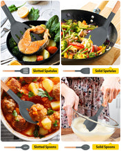 Load image into Gallery viewer, Pack of 4 Silicone Cooking Utensils Set, Non Stick Solid Spatulas and Heat Resistant Slotted Spoons with Wooden Handle, Ideal Wood Kitchen Utensils Set for Frying,Serving,Turning,Stirring (KHAKI)