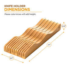 Load image into Gallery viewer, Bambüsi In-Drawer Knife Block - Bamboo Knife Drawer Organizer for Kitchen - Fits 5 Long + 6 Short Knives - Store Knives with Blades Pointing Down - Wooden Steak knife Holder without Knives