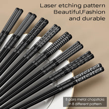 Load image into Gallery viewer, 8 Pairs Metal Chopsticks Reusable 18/8 Stainless Steel Chopsticks Set Cute Laser Engraved Non-slip Japanese Korean Chinese Chopstick for Cooking Eating Dishwasher Safe 9.25&quot; Chop Sticks Gift Set