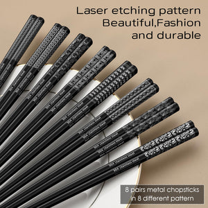 8 Pairs Metal Chopsticks Reusable 18/8 Stainless Steel Chopsticks Set Cute Laser Engraved Non-slip Japanese Korean Chinese Chopstick for Cooking Eating Dishwasher Safe 9.25" Chop Sticks Gift Set