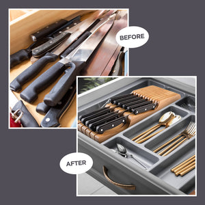 Bambüsi In-Drawer Knife Block - Bamboo Knife Drawer Organizer for Kitchen - Fits 5 Long + 6 Short Knives - Store Knives with Blades Pointing Down - Wooden Steak knife Holder without Knives