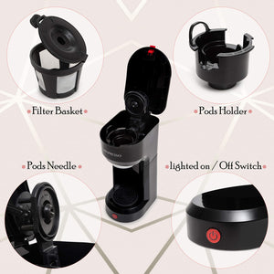 Mixpresso 2 in 1 Coffee Brewer, Single Serve & Personal Coffee Maker, Compact Size Mini, Quick Brew Technology, 14oz Red