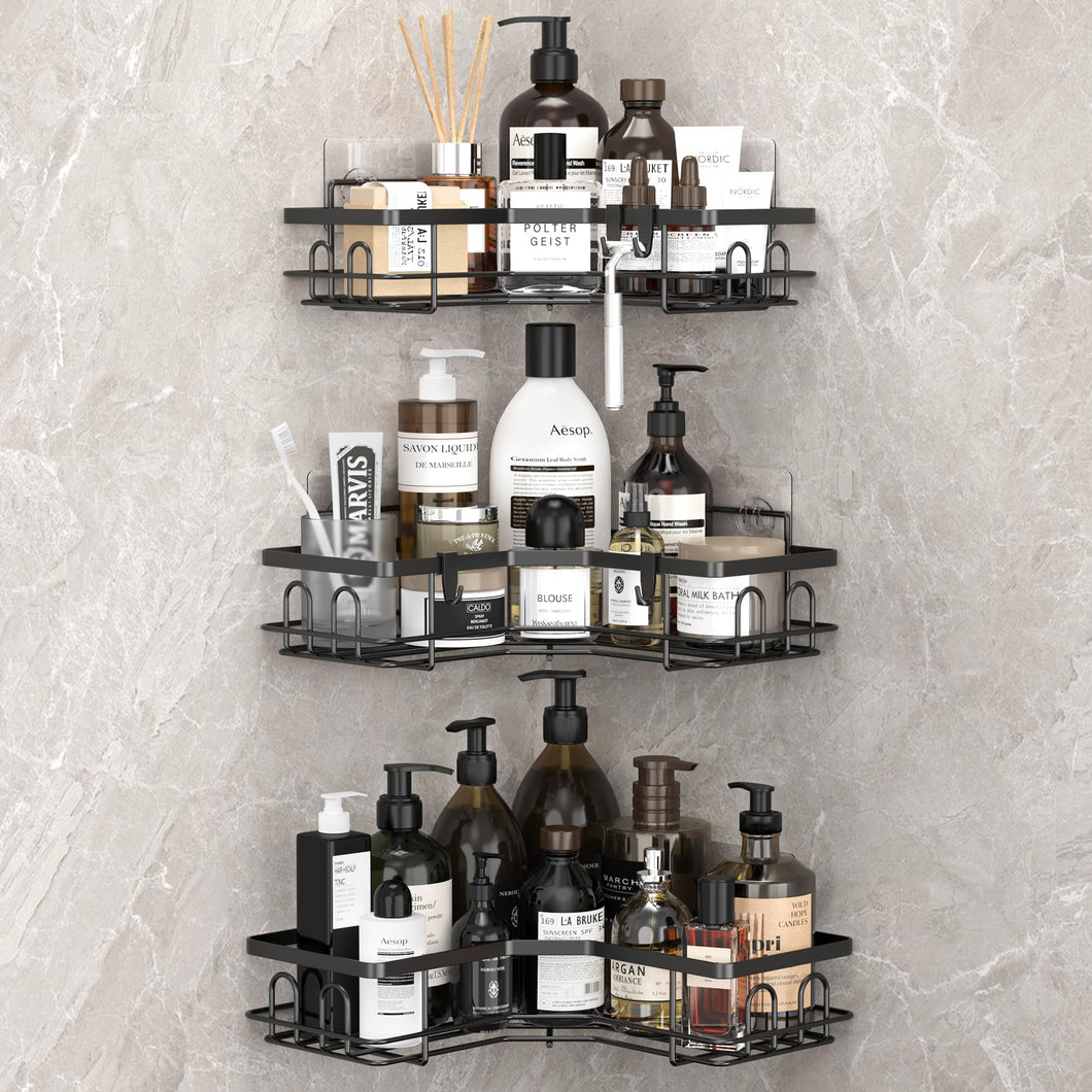 3 Pack Corner Shower Caddy Organizer Shelf with Hooks, Black Bathroom Shelves Storage Organization