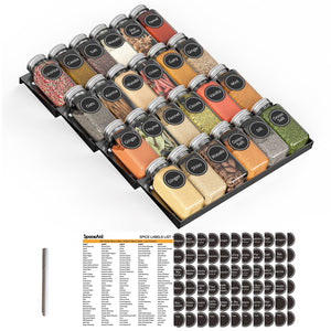 SpaceAid Spice Drawer Organizer with 28 Spice Jars, 386 Spice Labels, 4 Tier Seasoning Rack Tray Insert for Kitchen Drawers, 13" Wide x 17.5" Deep
