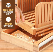 Load image into Gallery viewer, Bread Slicer for Homemade Bread - Bamboo Bread Cutter with Knife, Foldable Slicing Guide, Crumb Tray - Compact Bread Loaf Slicer for Cakes, Bagels, Loaves - Kitchen Gadget &amp; Gifts by Bambüsi