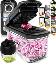 Load image into Gallery viewer, All-in-1 Vegetable Chopper and Mandoline Slicer for Kitchen - Cheese Grater, French Fry Cutter, Cheese Slicer - Bonus Handheld Spiralizer Included (6 in 1, Black/White)