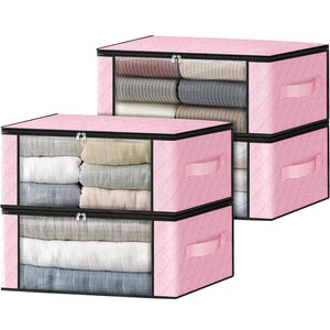 HomeHacks Storage 3-Pack Clothes Organizer Storage Bags Foldable Storage Box with Large Clear Window Sturdy Handles for Closet, Dorm, Pillows, Bedding, Clothes, Blankets, 35L, Gray