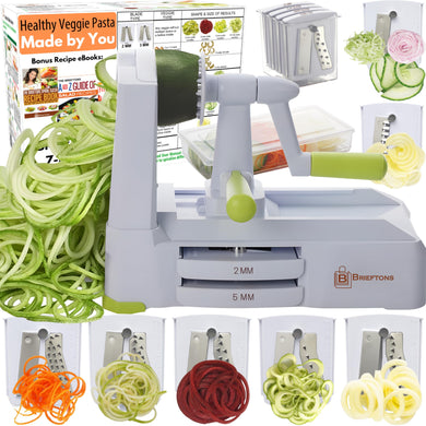 Brieftons 5-Blade Vegetable Spiralizer: Strongest-Heaviest Spiral Slicer, Best Veggie Pasta Spaghetti Maker for Low Carb/Paleo/Gluten-Free/Vegan Meals, With Extra Blade Caddy, 4 Recipe Ebooks