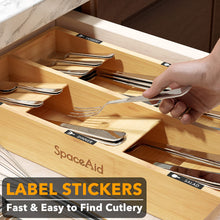 Load image into Gallery viewer, SpaceAid Bamboo Silverware Drawer Organizer with Labels, Kitchen Utensil Tray Holder Organizer for Flatware, Cutlery, Spoon and Knives Drawer Storage Organization (Natural, 6 Slots)
