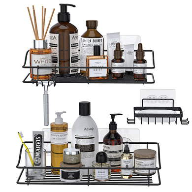 Shower Caddy Shelf Organizer Rack with Hooks, Adhesive Shower Storage for Bathroom - 2 Pack (Silver)