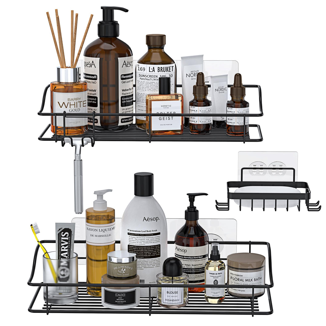 Shower Caddy Shelf Organizer Rack with Hooks, Adhesive Shower Storage for Bathroom - 2 Pack (Silver)