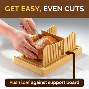 Bread Slicer for Homemade Bread - Bamboo Bread Cutter with Knife, Foldable Slicing Guide, Crumb Tray - Compact Bread Loaf Slicer for Cakes, Bagels, Loaves - Kitchen Gadget & Gifts by Bambüsi