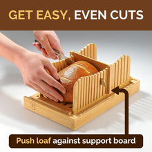 Load image into Gallery viewer, Bamboo Bread Slicer with Crumb Tray &amp; Knife – 3 Slice Thickness Options, Foldable Storage, 10” Ultra Sharp Stainless Steel Bread Knife with Ergonomic Handle – Sourdough &amp; Cake Cutter Set