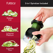 Load image into Gallery viewer, All-in-1 Vegetable Chopper and Mandoline Slicer for Kitchen - Cheese Grater, French Fry Cutter, Cheese Slicer - Bonus Handheld Spiralizer Included (6 in 1, Black/White)