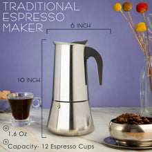 Load image into Gallery viewer, Mixpresso 9 Cup Greca Stovetop Espresso Maker 450ml/15oz, Moka Pot with Coffee Percolator Design, Stainless Steel Stove Top Coffee Maker for Camping or Home Use, Italian Coffee Maker Stovetop