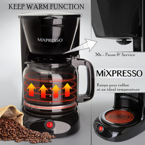 Mixpresso 8-Cup Drip Coffee Maker Programmable, Coffee Pot Machine Including Reusable & Removable Coffee Filter, Black Electric Coffee Maker