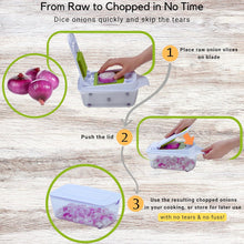 Load image into Gallery viewer, Brieftons QuickPush Food Chopper: Strongest &amp; 200% More Container Capacity, 30% Heavier Duty, For Onion, Fruit and Vegetable Chopping, with 3 Dicer Cutter Blades, Keep-Fresh Lid, and 5 Recipe Ebooks
