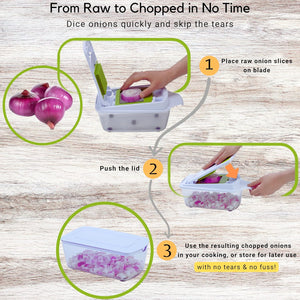 Brieftons QuickPush Food Chopper: Strongest & 200% More Container Capacity, 30% Heavier Duty, For Onion, Fruit and Vegetable Chopping, with 3 Dicer Cutter Blades, Keep-Fresh Lid, and 5 Recipe Ebooks