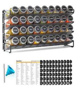 SpaceAid Spice Rack Organizer with 28 Spice Jars, 386 Spice Labels, Chalk Marker and Funnel Set for Cabinet, Countertop, Pantry, Cupboard or Door & Wall Mount - 28 Jars, 13.4" W × 10.8" H, Black