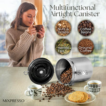 Load image into Gallery viewer, Mixpresso Green Coffee Canister, 16oz Airtight Stainless Steel Kitchen Food Storage Container with Clear Lid and Spoon. for Grounds Coffee, Beans, Tea, Flour, Cereal, Vacuum Sealed Sugar Container