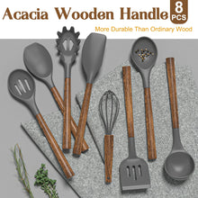 Load image into Gallery viewer, Silicone Cooking Utensil Set, Umite Chef 8-Piece Kitchen Utensils Set with Natural Acacia Wooden Handles,Food-Grade-Silicone Kitchen Gadgets Spatulas Set for Nonstick Cookware- Black