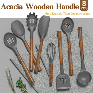 Silicone Cooking Utensil Set, Umite Chef 8-Piece Kitchen Utensils Set with Natural Acacia Wooden Handles,Food-Grade-Silicone Kitchen Gadgets Spatulas Set for Nonstick Cookware- Black
