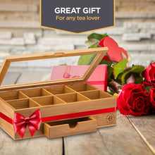 Load image into Gallery viewer, Bamboo Tea Bag Organizer Storage Box with Drawer &amp; Acrylic Window - Magnetic Lid Keeps Contents Fresh - Ideal Mothers Day Gifts for Mom - Gift Caddy (Tea Not Included)