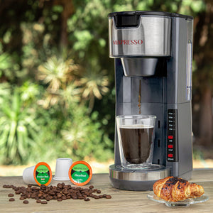 Mixpresso Single Serve Coffee Brewer K-Cup Pods Compatible & Ground Coffee, 30 oz Compact Coffee Maker Single Serve With 5 Brew Sizes Up To 14 Oz, Fits Travel Mug, Adjustable Drip Tray, Black