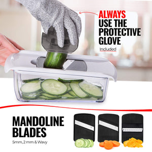 Mandoline Slicer for Kitchen, Fruit Cutter, Cheese Grater, Cucumber Slicer, Veggie Spiralizer, Food Cutter & Kitchen Gadgets with Safety Glove (6 in 1, White)