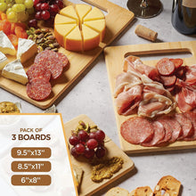 Load image into Gallery viewer, Bamboo Cutting Board Set &amp; Food Grade Mineral Oil – 3-Piece Wooden Cutting Boards for Kitchen, Butcher Block, Cheese Boards &amp; Utensils – Knife-Friendly, Durable, Eco-Friendly, Easy to Clean &amp; Maintain