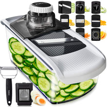 Load image into Gallery viewer, Mandoline Slicer for Kitchen, Fruit Cutter, Cheese Grater, Cucumber Slicer, Veggie Spiralizer, Food Cutter &amp; Kitchen Gadgets with Safety Glove (6 in 1, White)