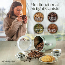 Load image into Gallery viewer, Mixpresso Green Coffee Canister, 16oz Airtight Stainless Steel Kitchen Food Storage Container with Clear Lid and Spoon. for Grounds Coffee, Beans, Tea, Flour, Cereal, Vacuum Sealed Sugar Container