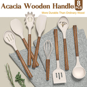 Silicone Cooking Utensil Set, Umite Chef 8-Piece Kitchen Utensils Set with Natural Acacia Wooden Handles,Food-Grade-Silicone Kitchen Gadgets Spatulas Set for Nonstick Cookware- Black