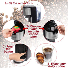 Load image into Gallery viewer, Mixpresso Single Serve Coffee Brewer K-Cup Pods Compatible &amp; Ground Coffee, 30 oz Compact Coffee Maker Single Serve With 5 Brew Sizes Up To 14 Oz, Fits Travel Mug, Adjustable Drip Tray, Black