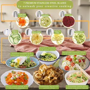 Brieftons 5-Blade Vegetable Spiralizer: Strongest-Heaviest Spiral Slicer, Best Veggie Pasta Spaghetti Maker for Low Carb/Paleo/Gluten-Free/Vegan Meals, With Extra Blade Caddy, 4 Recipe Ebooks