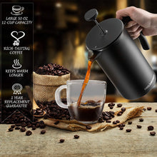 Load image into Gallery viewer, Belwares French Press Coffee Maker 50 OZ - Large Insulated Stainless Steel 304 Coffee Press with Double Wall &amp; 4-Level Filtration System (Black - 1.5L)