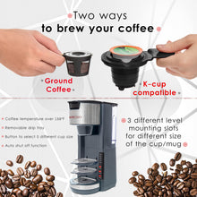 Load image into Gallery viewer, Mixpresso Single Serve Coffee Brewer K-Cup Pods Compatible &amp; Ground Coffee, 30 oz Compact Coffee Maker Single Serve With 5 Brew Sizes Up To 14 Oz, Fits Travel Mug, Adjustable Drip Tray, Black