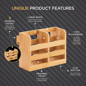 Dish Drying Rack - Collapsible 2-Tier Bamboo Dish Rack for Kitchen Counter, Wooden Dish Drainer with Foldable Space-Saving Design - Drying Rack for Dishes, Plates, and Cups