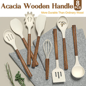 Silicone Cooking Utensil Set, Umite Chef 8-Piece Kitchen Utensils Set with Natural Acacia Wooden Handles,Food-Grade-Silicone Kitchen Gadgets Spatulas Set for Nonstick Cookware- Black