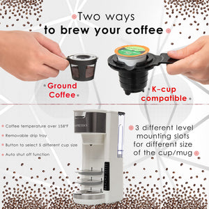 Mixpresso Single Serve Coffee Brewer K-Cup Pods Compatible & Ground Coffee, 30 oz Compact Coffee Maker Single Serve With 5 Brew Sizes Up To 14 Oz, Fits Travel Mug, Adjustable Drip Tray, Black