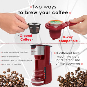 Mixpresso Single Serve Coffee Brewer K-Cup Pods Compatible & Ground Coffee, 30 oz Compact Coffee Maker Single Serve With 5 Brew Sizes Up To 14 Oz, Fits Travel Mug, Adjustable Drip Tray, Black