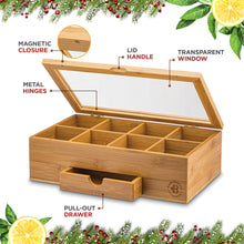 Load image into Gallery viewer, Bamboo Tea Bag Organizer Storage Box with Drawer &amp; Acrylic Window - Magnetic Lid Keeps Contents Fresh - Ideal Mothers Day Gifts for Mom - Gift Caddy (Tea Not Included)