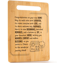Load image into Gallery viewer, Housewarming Gifts for New Home - Bamboo Cutting Board with Engraved Message - New Home Essentials for Homeowners, Couples, Friends, or Family - Decorative Kitchen Gift Board, 12&quot; x 8&quot;