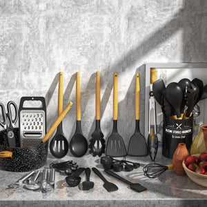 Umite Chef Silicone Kitchen Utensil Set, 34PCS Heat Resistant Kitchen Gadgets and Tools With Grater, Wood Handles for Nonstick Cookware