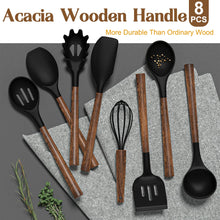 Load image into Gallery viewer, Silicone Cooking Utensil Set, Umite Chef 8-Piece Kitchen Utensils Set with Natural Acacia Wooden Handles,Food-Grade-Silicone Kitchen Gadgets Spatulas Set for Nonstick Cookware- Black