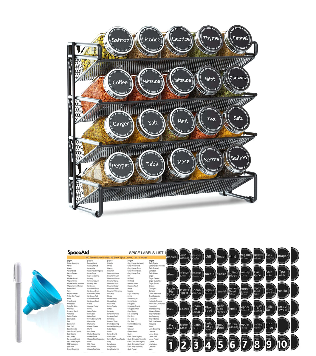 SpaceAid Spice Rack Organizer with 28 Spice Jars, 386 Spice Labels, Chalk Marker and Funnel Set for Cabinet, Countertop, Pantry, Cupboard or Door & Wall Mount - 28 Jars, 13.4