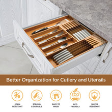 Load image into Gallery viewer, Bambüsi In-Drawer Knife Block - Bamboo Knife Drawer Organizer for Kitchen - Fits 5 Long + 6 Short Knives - Store Knives with Blades Pointing Down - Wooden Steak knife Holder without Knives