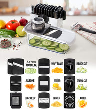 Load image into Gallery viewer, Mandoline Slicer for Kitchen, Fruit Cutter, Cheese Grater, Cucumber Slicer, Veggie Spiralizer, Food Cutter &amp; Kitchen Gadgets with Safety Glove (6 in 1, White)